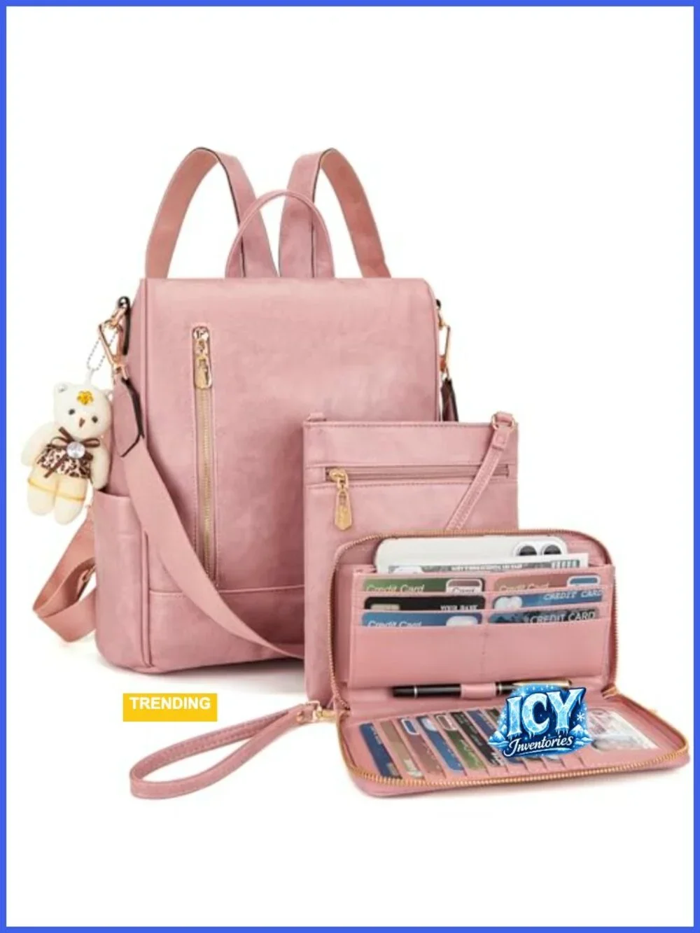 Anti-Theft Fashion Backpack Purse Set 3pcs Soft PU Leather Travel Safety Multi